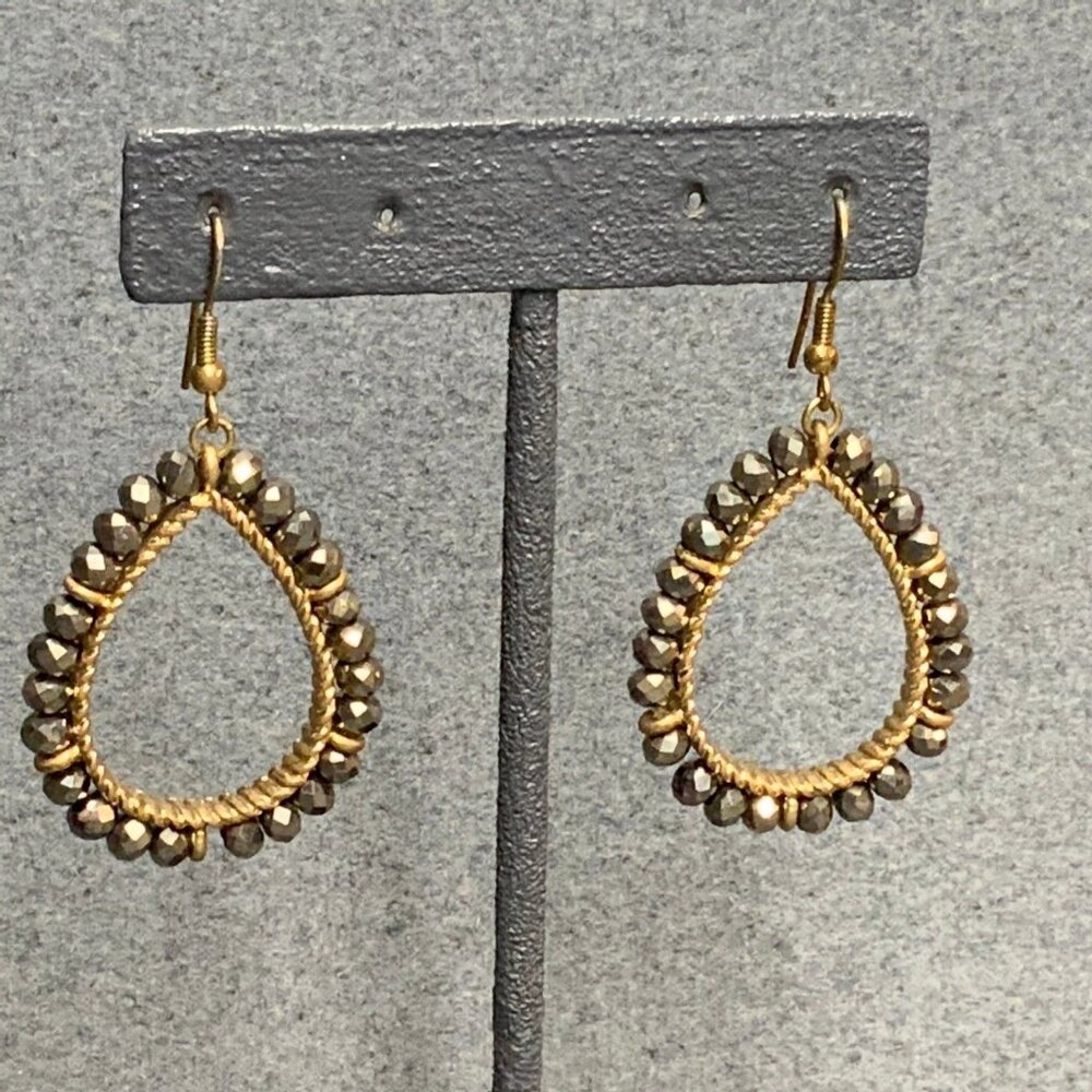 Teardrop Dangle Pierced Earrings Hoop Gold Hematite Gray Silver Retro BoHo Glam